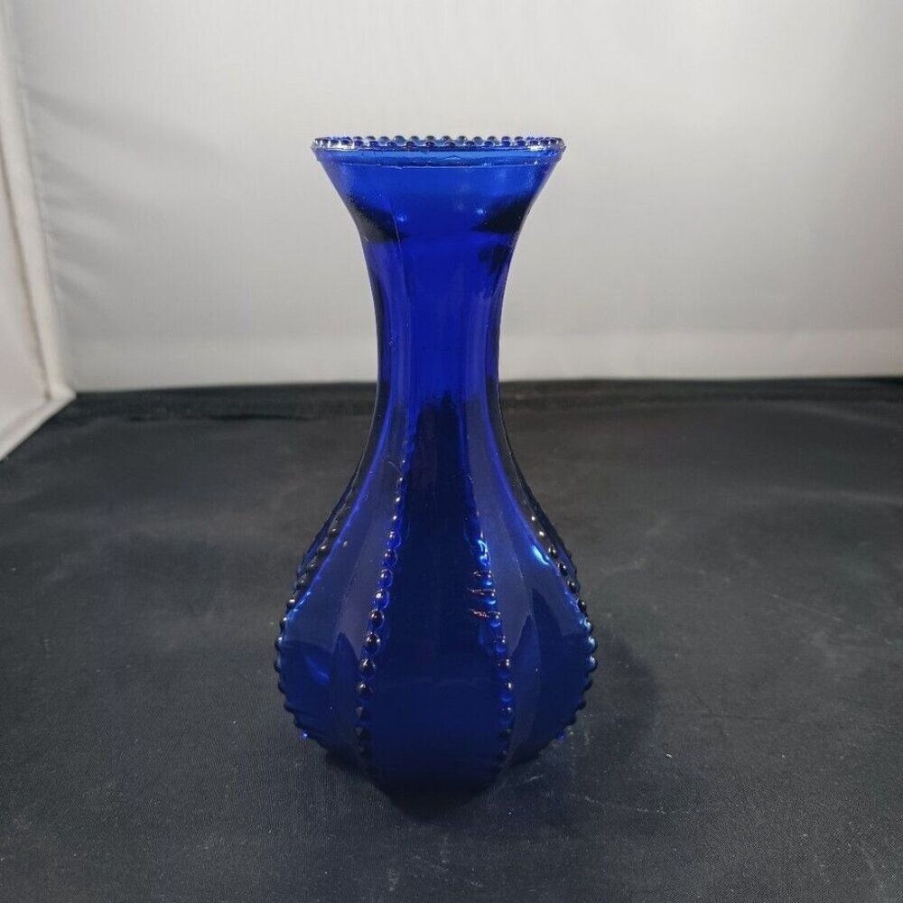 Vintage Indiana Glass Vase Beaded Edge Zipper 8 Sided Cobalt Blue 4 7/8" Tall